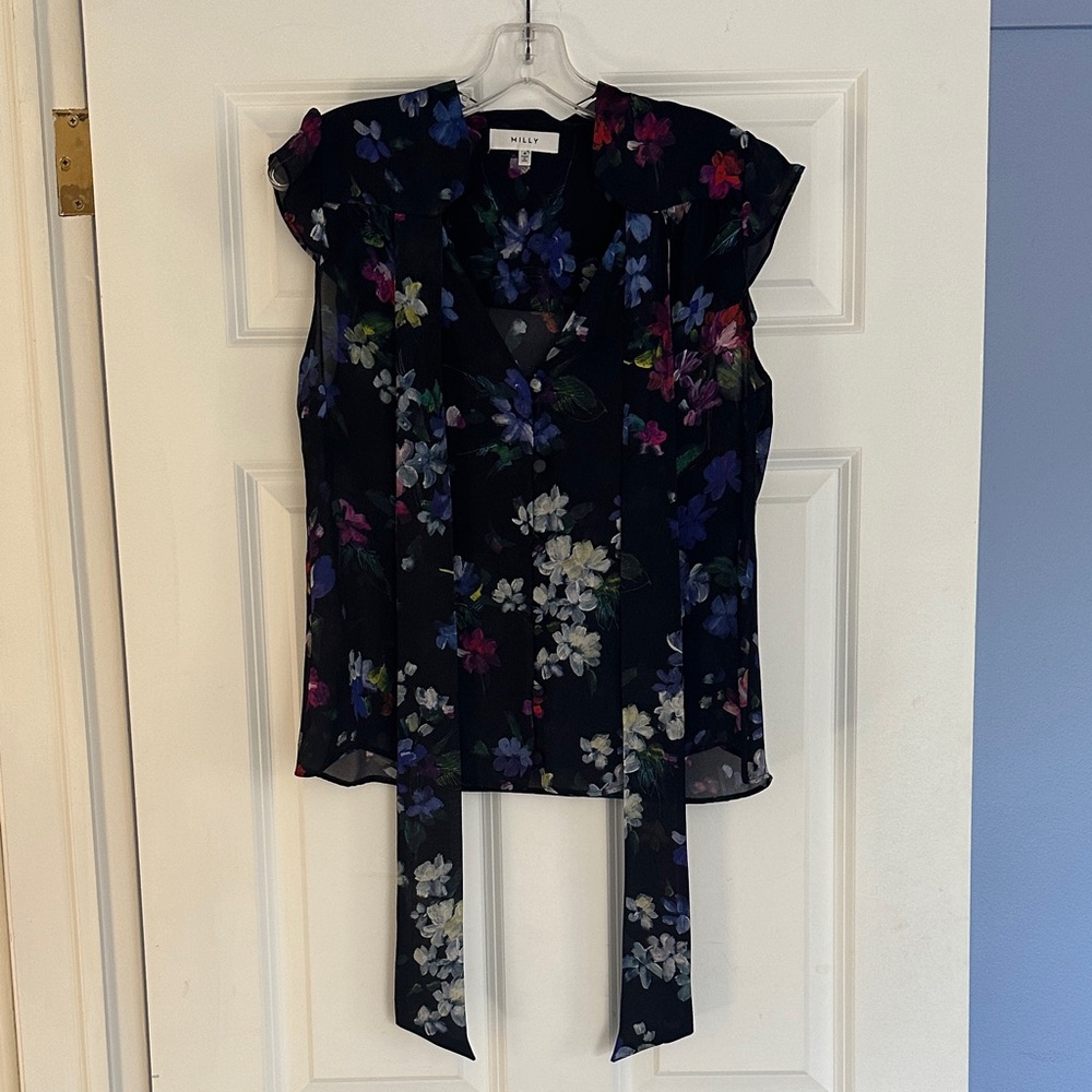 Milly Black Floral Tie-Neck Cap Sleeve Blouse with Blue & Purple Accents